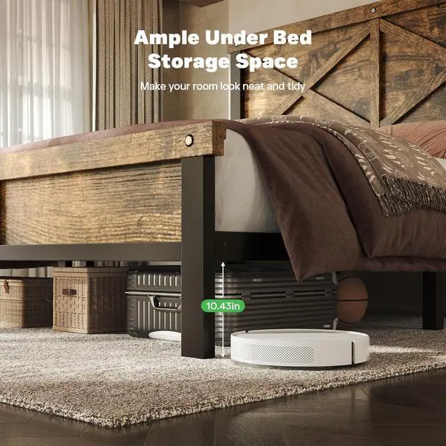 Alt view image 3 of 7 - Farmhouse Bed Frame Full Size with 51" Tall Headboard and Footboard, Platform Bed Frame, No Box Spring Needed, Borwn