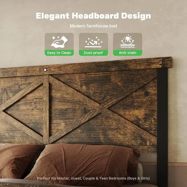 Alt view image 4 of 7 - Farmhouse Bed Frame Full Size with 51" Tall Headboard and Footboard, Platform Bed Frame, No Box Spring Needed, Borwn