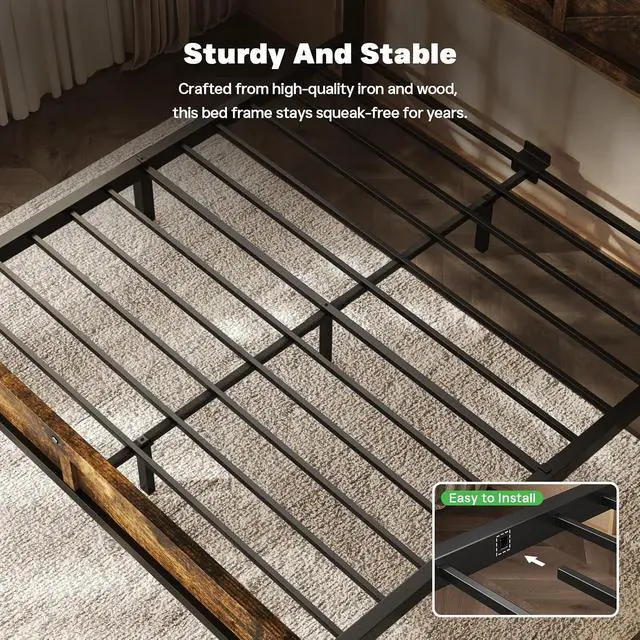 Alt view image 5 of 7 - Farmhouse Bed Frame Full Size with 51" Tall Headboard and Footboard, Platform Bed Frame, No Box Spring Needed, Borwn