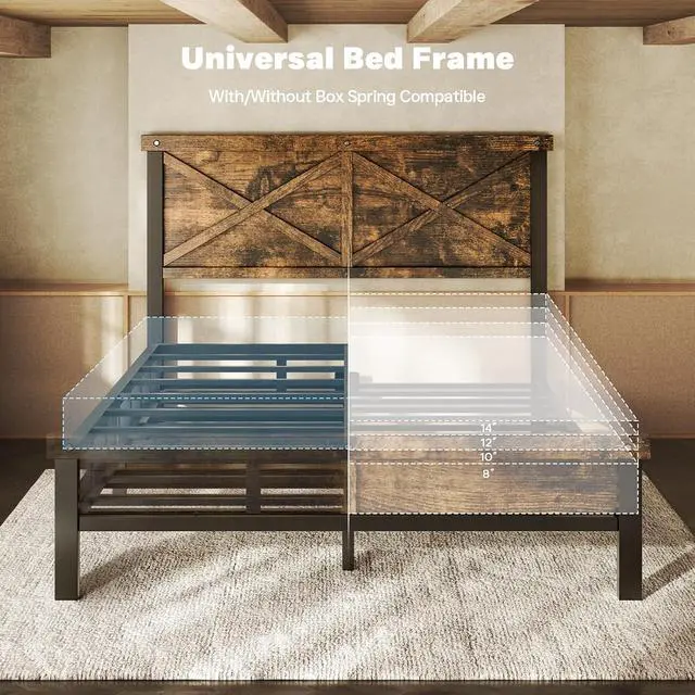 Alt view image 6 of 7 - Farmhouse Bed Frame Full Size with 51" Tall Headboard and Footboard, Platform Bed Frame, No Box Spring Needed, Borwn