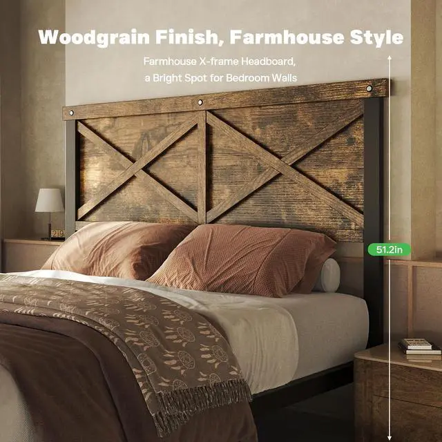 Alt view image 7 of 7 - Farmhouse Bed Frame Full Size with 51" Tall Headboard and Footboard, Platform Bed Frame, No Box Spring Needed, Borwn