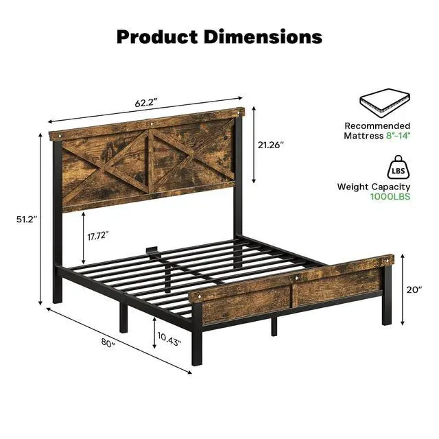 Alt view image 2 of 7 - Farmhouse Bed Frame Queen Size with 51" Tall Headboard and Footboard, Platform Bed Frame, No Box Spring Needed, Brown