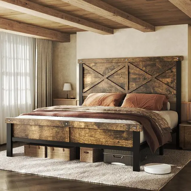 Main image of Farmhouse Bed Frame Queen Size with 51" Tall Headboard and Footboard, Platform Bed Frame, No Box Spring Needed, Brown
