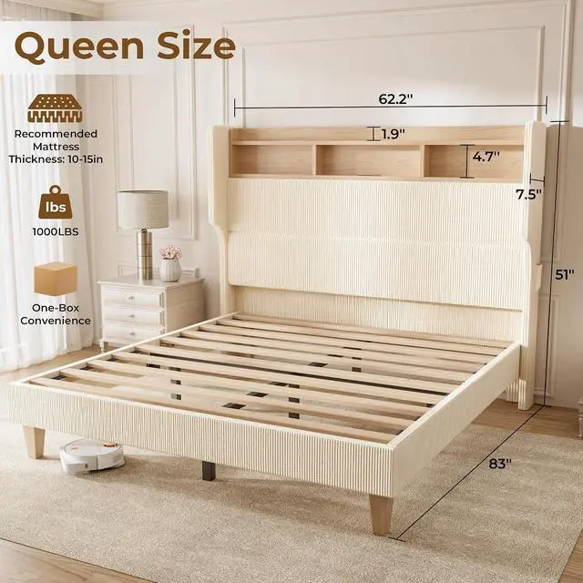 Alt view image 2 of 7 - Queen Size Girls Bed Frame with 51" Tall Headboard, LED Lights & Charging Station, Corduroy Upholstered Platform Bed with Storage Shelf, No Box Spring Needed, Cream