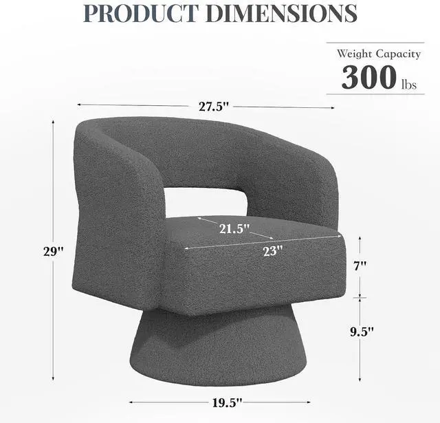 Alt view image 2 of 6 - Swivel Barrel Accent Chair,Oversized Teddy Upholstered Round Swivel Chair,Modern Luxury 360 Degree Living Room Vanity Chair for Bedroom Office,Gray,2PCS