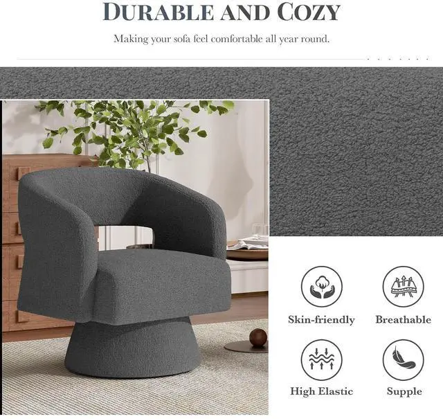 Alt view image 5 of 6 - Swivel Barrel Accent Chair,Oversized Teddy Upholstered Round Swivel Chair,Modern Luxury 360 Degree Living Room Vanity Chair for Bedroom Office,Gray,2PCS