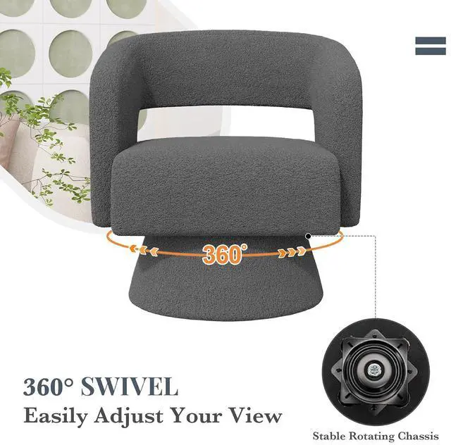 Alt view image 3 of 6 - Swivel Barrel Accent Chair,Oversized Teddy Upholstered Round Swivel Chair,Modern Luxury 360 Degree Living Room Vanity Chair for Bedroom Office,Gray,2PCS