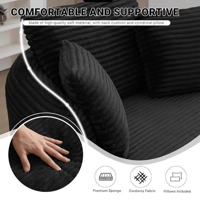 Alt view image 4 of 7 - Oversized Round Lounge Chair Indoor, Corduroy Upholstered Deep Seat Cloud Circle Sofa Chair, Fluffy Boneless Sleeper Chair for Reading & Lounging, No Assembly Required (Black)