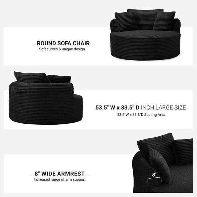 Alt view image 5 of 7 - Oversized Round Lounge Chair Indoor, Corduroy Upholstered Deep Seat Cloud Circle Sofa Chair, Fluffy Boneless Sleeper Chair for Reading & Lounging, No Assembly Required (Black)