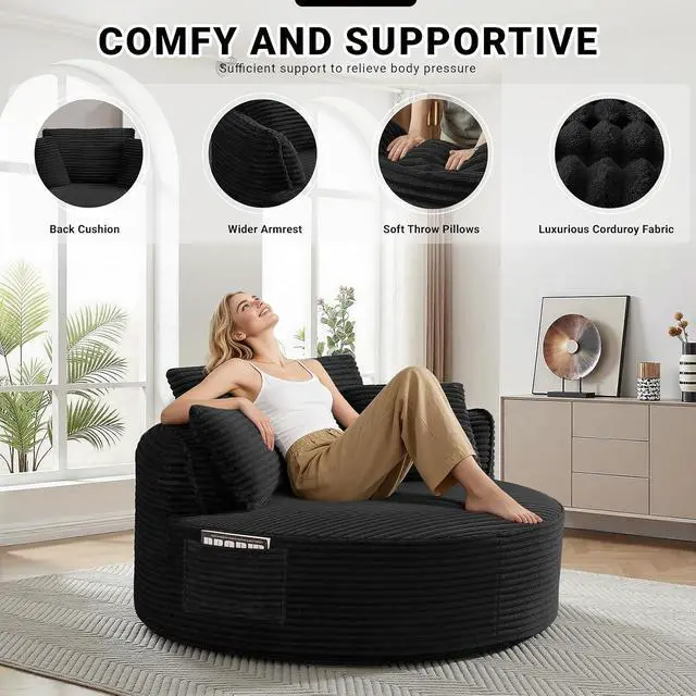 Alt view image 3 of 7 - Oversized Round Lounge Chair Indoor, Corduroy Upholstered Deep Seat Cloud Circle Sofa Chair, Fluffy Boneless Sleeper Chair for Reading & Lounging, No Assembly Required (Black)