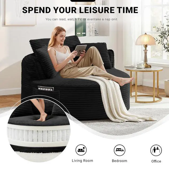 Alt view image 7 of 7 - Oversized Round Lounge Chair Indoor, Corduroy Upholstered Deep Seat Cloud Circle Sofa Chair, Fluffy Boneless Sleeper Chair for Reading & Lounging, No Assembly Required (Black)