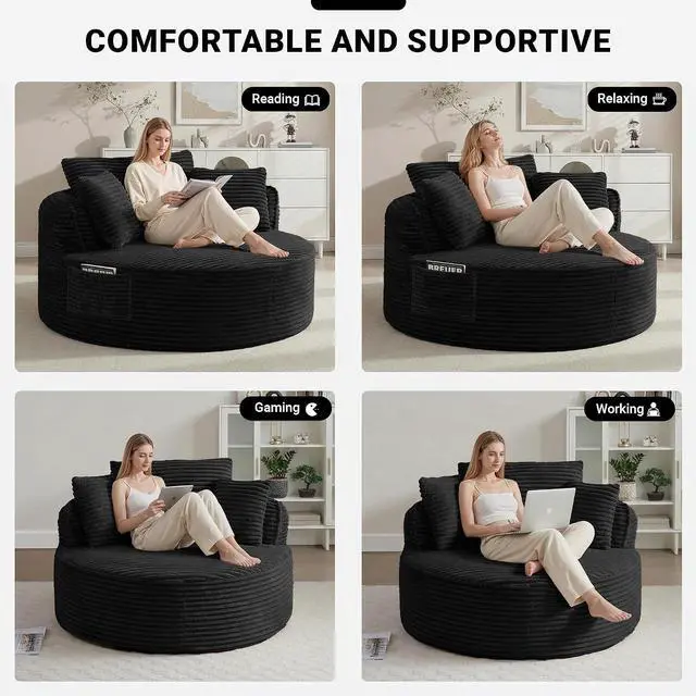 Alt view image 6 of 7 - Oversized Round Lounge Chair Indoor, Corduroy Upholstered Deep Seat Cloud Circle Sofa Chair, Fluffy Boneless Sleeper Chair for Reading & Lounging, No Assembly Required (Black)
