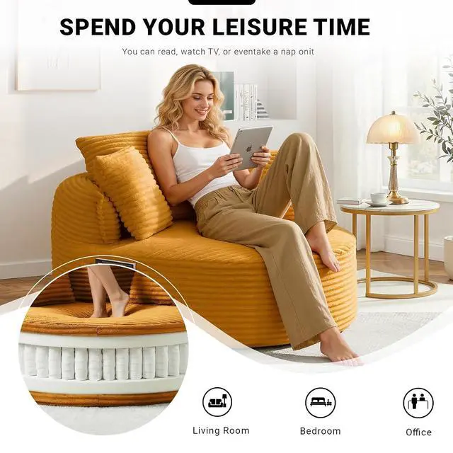 Alt view image 4 of 7 - Oversized Round Lounge Chair Indoor, Corduroy Upholstered Deep Seat Cloud Circle Sofa Chair, Fluffy Boneless Sleeper Chair for Reading & Lounging, No Assembly Required (Yellow)