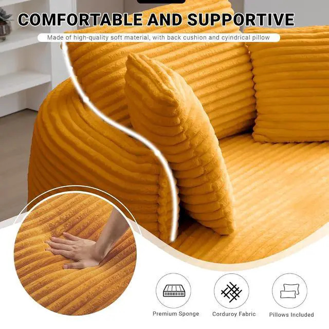 Alt view image 5 of 7 - Oversized Round Lounge Chair Indoor, Corduroy Upholstered Deep Seat Cloud Circle Sofa Chair, Fluffy Boneless Sleeper Chair for Reading & Lounging, No Assembly Required (Yellow)