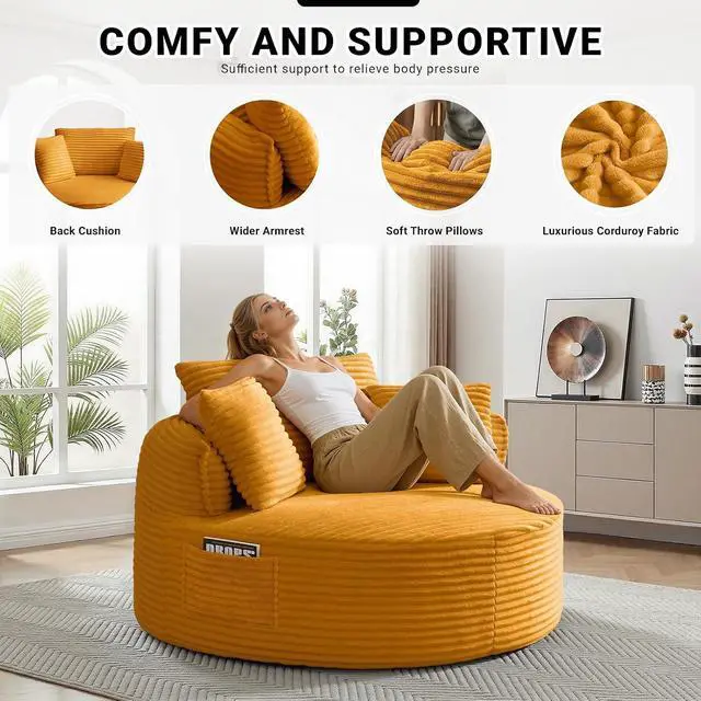 Alt view image 3 of 7 - Oversized Round Lounge Chair Indoor, Corduroy Upholstered Deep Seat Cloud Circle Sofa Chair, Fluffy Boneless Sleeper Chair for Reading & Lounging, No Assembly Required (Yellow)