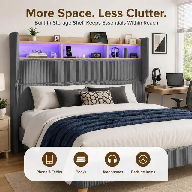 Alt view image 3 of 7 - Queen Size Boys Bed Frame with 51" Tall Headboard, LED Lights & Charging Station, Corduroy Upholstered Platform Bed with Storage Shelf, No Box Spring Needed, Grey