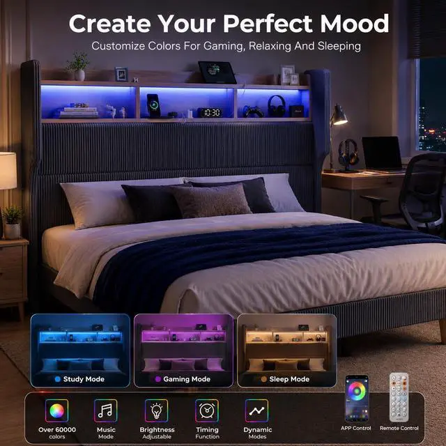 Alt view image 5 of 7 - Queen Size Boys Bed Frame with 51" Tall Headboard, LED Lights & Charging Station, Corduroy Upholstered Platform Bed with Storage Shelf, No Box Spring Needed, Grey