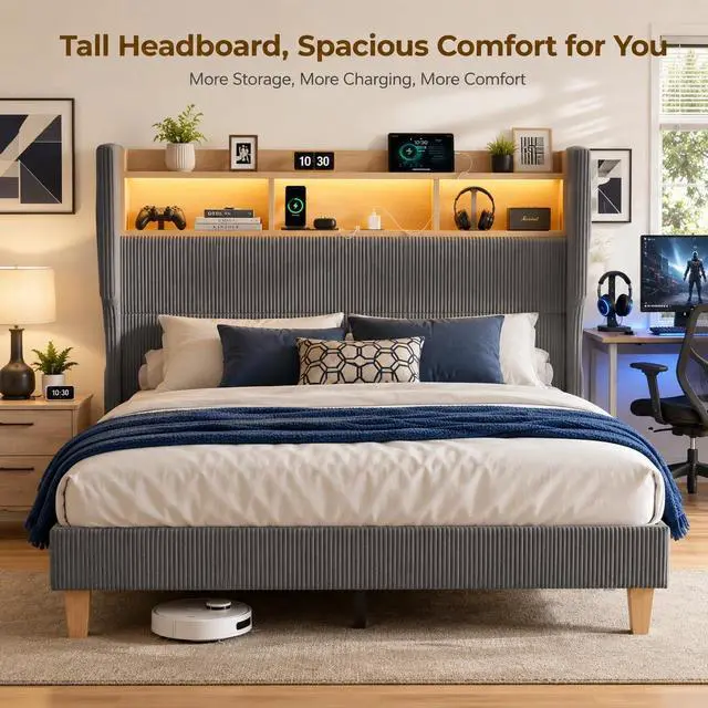 Alt view image 4 of 7 - Queen Size Boys Bed Frame with 51" Tall Headboard, LED Lights & Charging Station, Corduroy Upholstered Platform Bed with Storage Shelf, No Box Spring Needed, Grey