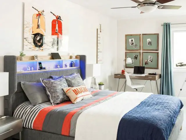 Alt view image 6 of 7 - Queen Size Boys Bed Frame with 51" Tall Headboard, LED Lights & Charging Station, Corduroy Upholstered Platform Bed with Storage Shelf, No Box Spring Needed, Grey