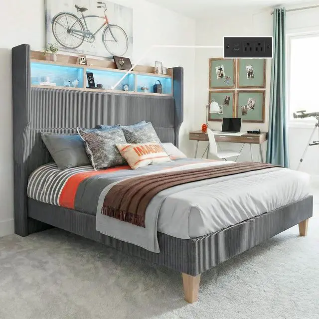 Main image of Queen Size Boys Bed Frame with 51" Tall Headboard, LED Lights & Charging Station, Corduroy Upholstered Platform Bed with Storage Shelf, No Box Spring Needed, Grey