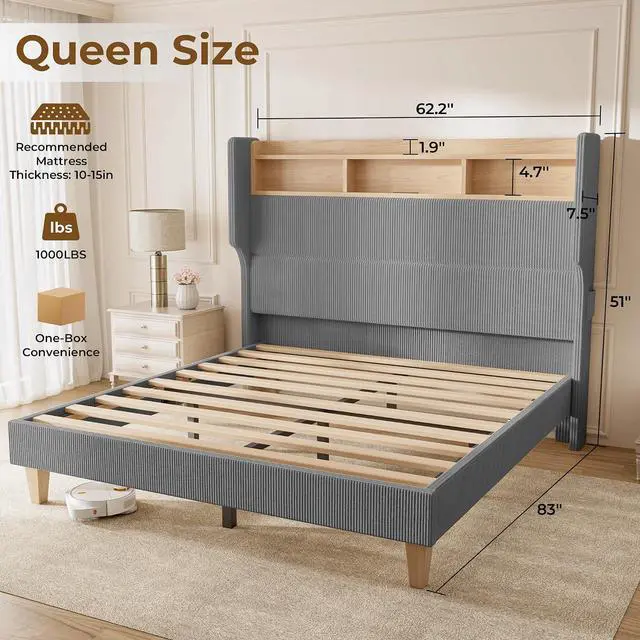 Alt view image 2 of 7 - Queen Size Boys Bed Frame with 51" Tall Headboard, LED Lights & Charging Station, Corduroy Upholstered Platform Bed with Storage Shelf, No Box Spring Needed, Grey