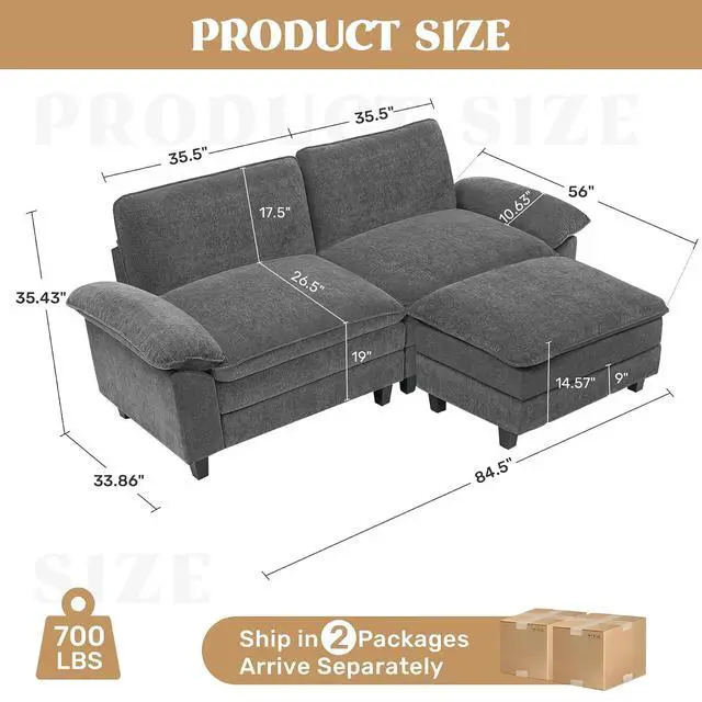 Alt view image 2 of 7 - 86" Modular Sectional Sofa,Comfy Cloud Couch Sectional Sofa with Ottoman, L Shape Sofa Chenille Sleeper Deep Seat Sofas for Living Room,Bedroom and Apartment,Dark Gary