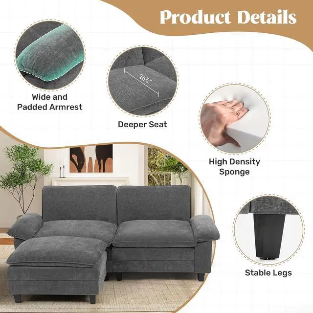 Alt view image 3 of 7 - 86" Modular Sectional Sofa,Comfy Cloud Couch Sectional Sofa with Ottoman, L Shape Sofa Chenille Sleeper Deep Seat Sofas for Living Room,Bedroom and Apartment,Dark Gary