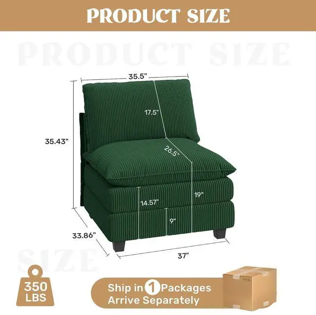 Alt view image 2 of 4 - 37" Single Sofa Seat,Comfy Cloud Couch Sectional Sofa, Corduroy Sleeper Deep Seat Sofas for Living Room,Bedroom and Apartment,Green