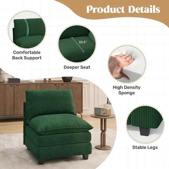 Alt view image 3 of 4 - 37" Single Sofa Seat,Comfy Cloud Couch Sectional Sofa, Corduroy Sleeper Deep Seat Sofas for Living Room,Bedroom and Apartment,Green