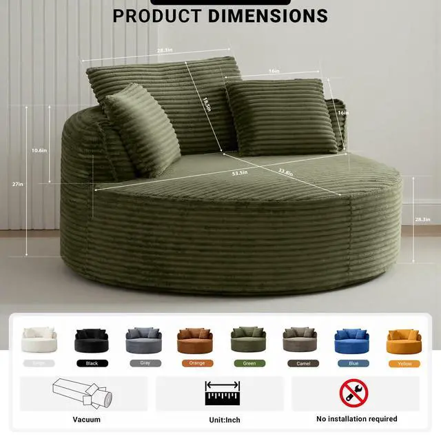 Alt view image 2 of 7 - Oversized Round Lounge Chair Indoor, Corduroy Upholstered Deep Seat Cloud Circle Sofa Chair, Fluffy Boneless Sleeper Chair for Reading & Lounging, No Assembly Required (Green)