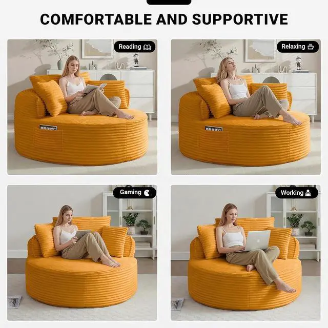Alt view image 7 of 7 - Oversized Round Lounge Chair Indoor, Corduroy Upholstered Deep Seat Cloud Circle Sofa Chair, Fluffy Boneless Sleeper Chair for Reading & Lounging, No Assembly Required (Yellow)