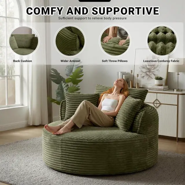 Alt view image 3 of 7 - Oversized Round Lounge Chair Indoor, Corduroy Upholstered Deep Seat Cloud Circle Sofa Chair, Fluffy Boneless Sleeper Chair for Reading & Lounging, No Assembly Required (Green)