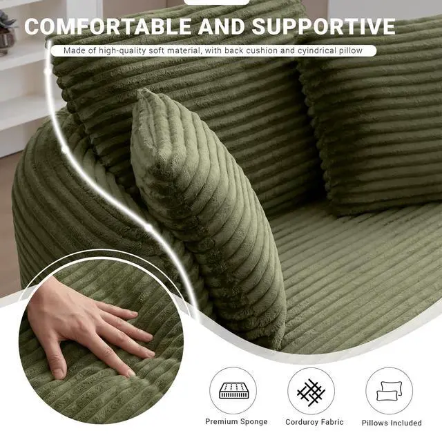 Alt view image 4 of 7 - Oversized Round Lounge Chair Indoor, Corduroy Upholstered Deep Seat Cloud Circle Sofa Chair, Fluffy Boneless Sleeper Chair for Reading & Lounging, No Assembly Required (Green)