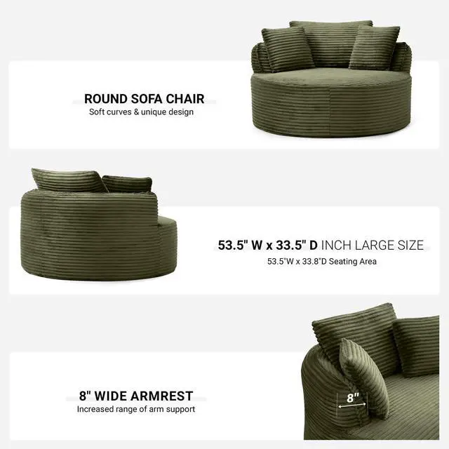 Alt view image 5 of 7 - Oversized Round Lounge Chair Indoor, Corduroy Upholstered Deep Seat Cloud Circle Sofa Chair, Fluffy Boneless Sleeper Chair for Reading & Lounging, No Assembly Required (Green)
