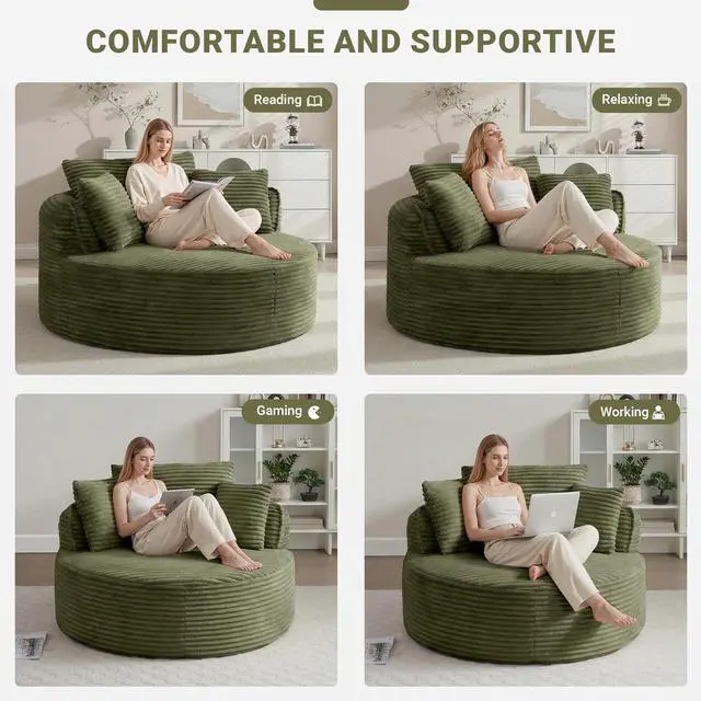 Alt view image 6 of 7 - Oversized Round Lounge Chair Indoor, Corduroy Upholstered Deep Seat Cloud Circle Sofa Chair, Fluffy Boneless Sleeper Chair for Reading & Lounging, No Assembly Required (Green)