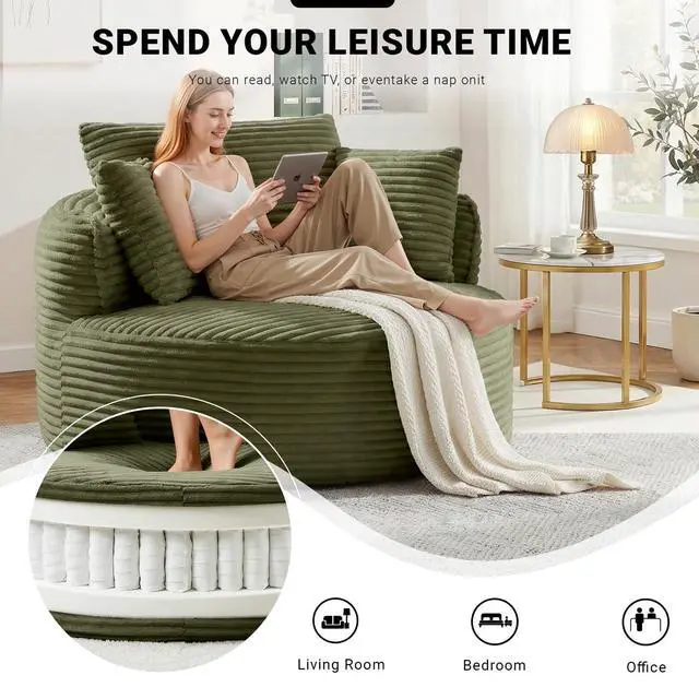 Alt view image 7 of 7 - Oversized Round Lounge Chair Indoor, Corduroy Upholstered Deep Seat Cloud Circle Sofa Chair, Fluffy Boneless Sleeper Chair for Reading & Lounging, No Assembly Required (Green)