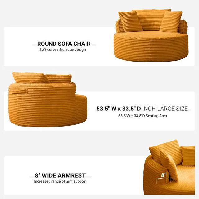 Alt view image 6 of 7 - Oversized Round Lounge Chair Indoor, Corduroy Upholstered Deep Seat Cloud Circle Sofa Chair, Fluffy Boneless Sleeper Chair for Reading & Lounging, No Assembly Required (Yellow)