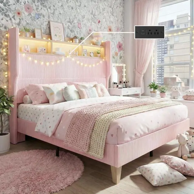 Main image of Queen Size Girls Bed Frame with 51" Tall Headboard, LED Lights & Charging Station, Corduroy Upholstered Platform Bed with Storage Shelf, No Box Spring Needed, Pink