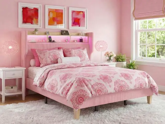 Alt view image 6 of 7 - Queen Size Girls Bed Frame with 51" Tall Headboard, LED Lights & Charging Station, Corduroy Upholstered Platform Bed with Storage Shelf, No Box Spring Needed, Pink