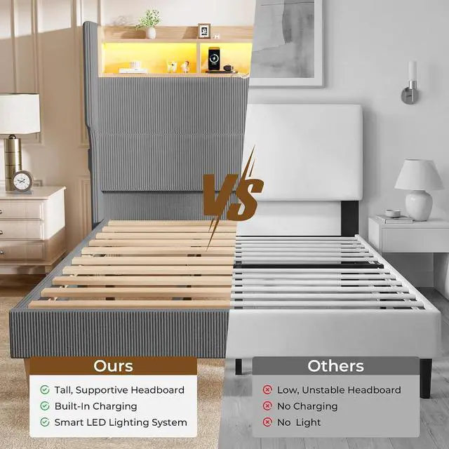Alt view image 7 of 7 - Queen Size Boys Bed Frame with 51" Tall Headboard, LED Lights & Charging Station, Corduroy Upholstered Platform Bed with Storage Shelf, No Box Spring Needed, Grey