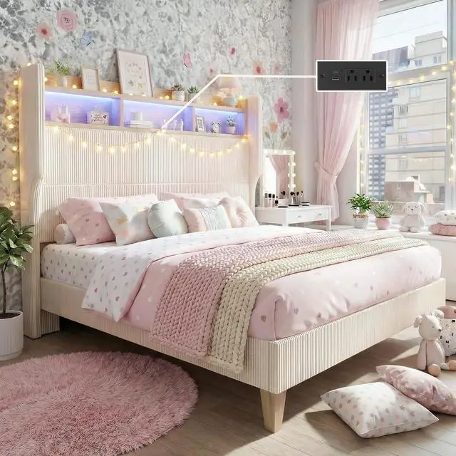 Main image of Queen Size Girls Bed Frame with 51" Tall Headboard, LED Lights & Charging Station, Corduroy Upholstered Platform Bed with Storage Shelf, No Box Spring Needed, Cream