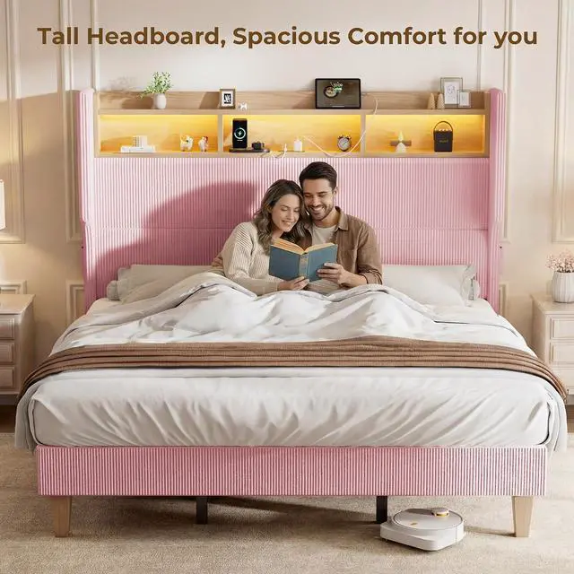 Alt view image 4 of 7 - Queen Size Girls Bed Frame with 51" Tall Headboard, LED Lights & Charging Station, Corduroy Upholstered Platform Bed with Storage Shelf, No Box Spring Needed, Pink