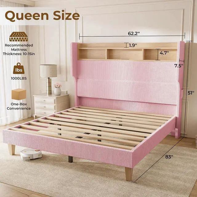 Alt view image 2 of 7 - Queen Size Girls Bed Frame with 51" Tall Headboard, LED Lights & Charging Station, Corduroy Upholstered Platform Bed with Storage Shelf, No Box Spring Needed, Pink