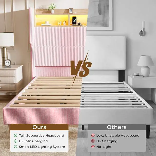 Alt view image 7 of 7 - Queen Size Girls Bed Frame with 51" Tall Headboard, LED Lights & Charging Station, Corduroy Upholstered Platform Bed with Storage Shelf, No Box Spring Needed, Pink