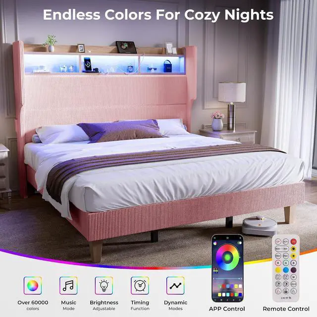 Alt view image 5 of 7 - Queen Size Girls Bed Frame with 51" Tall Headboard, LED Lights & Charging Station, Corduroy Upholstered Platform Bed with Storage Shelf, No Box Spring Needed, Pink