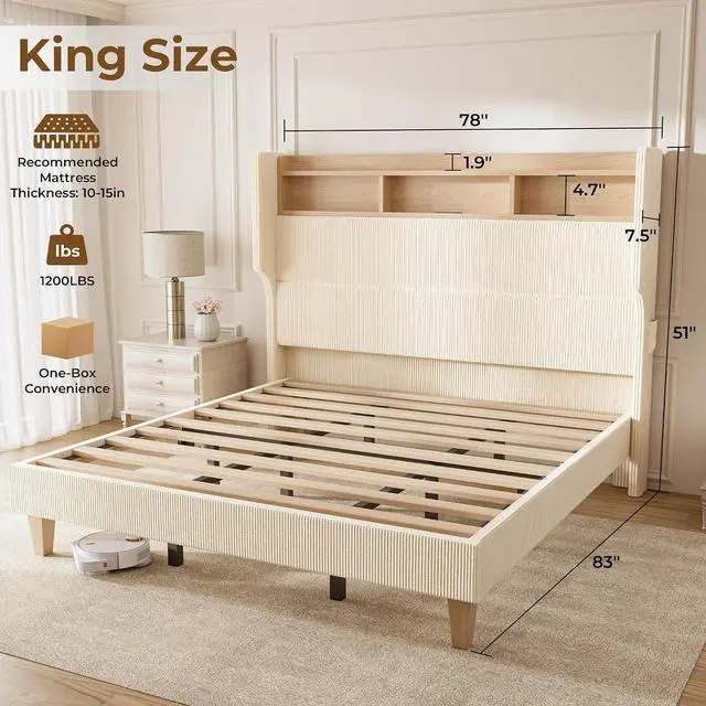 Alt view image 2 of 7 - King Size Bed Frame with 51" Tall Headboard, LED Lights & Charging Station, Corduroy Upholstered Platform Bed with Storage Shelf, No Box Spring Needed, Cream