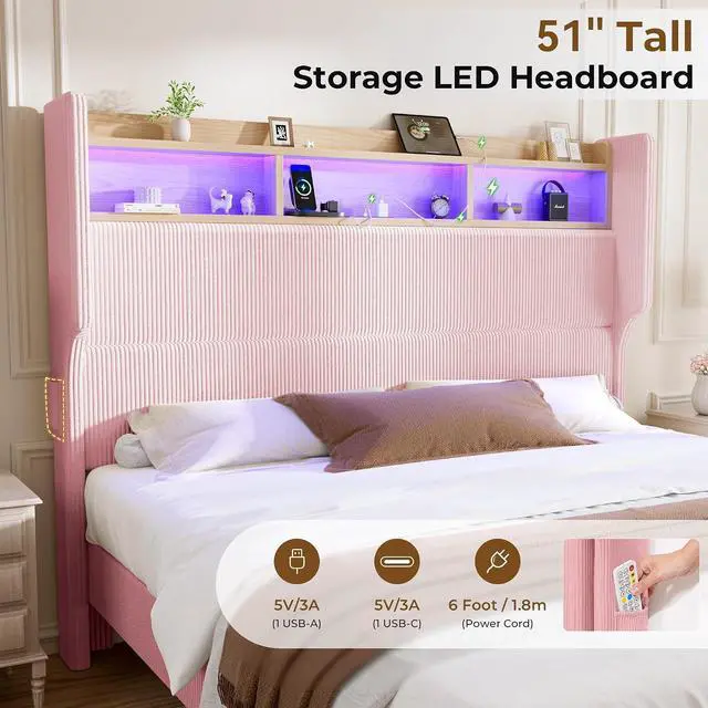 Alt view image 3 of 7 - Queen Size Girls Bed Frame with 51" Tall Headboard, LED Lights & Charging Station, Corduroy Upholstered Platform Bed with Storage Shelf, No Box Spring Needed, Pink