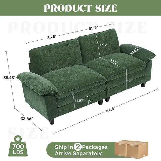 Alt view image 2 of 7 - 86" Modular Sectional Sofa,Comfy Cloud Couch Sectional Sofa,Loveseat Chenille Sleeper Deep Seat Sofas for Living Room,Bedroom and Apartment,Green