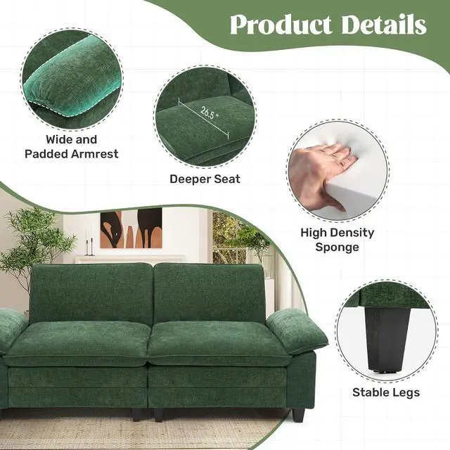 Alt view image 3 of 7 - 86" Modular Sectional Sofa,Comfy Cloud Couch Sectional Sofa,Loveseat Chenille Sleeper Deep Seat Sofas for Living Room,Bedroom and Apartment,Green
