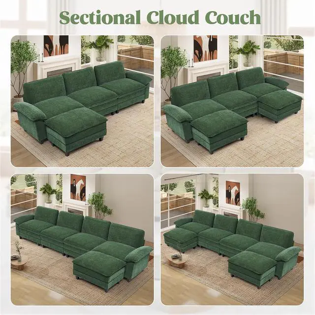 Alt view image 4 of 7 - 118" Modular Sectional Sofa,Comfy Cloud Couch Sectional Sofa,4 Seat Chenille Sleeper Deep Seat Sofas for Living Room,Bedroom and Apartment,Green
